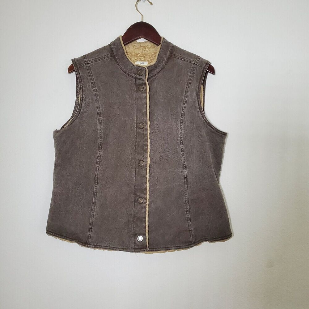 J Jill Women's Vest Large Brown Faux Fur Lined Paisley Denim Boho Cozy Lagenlook